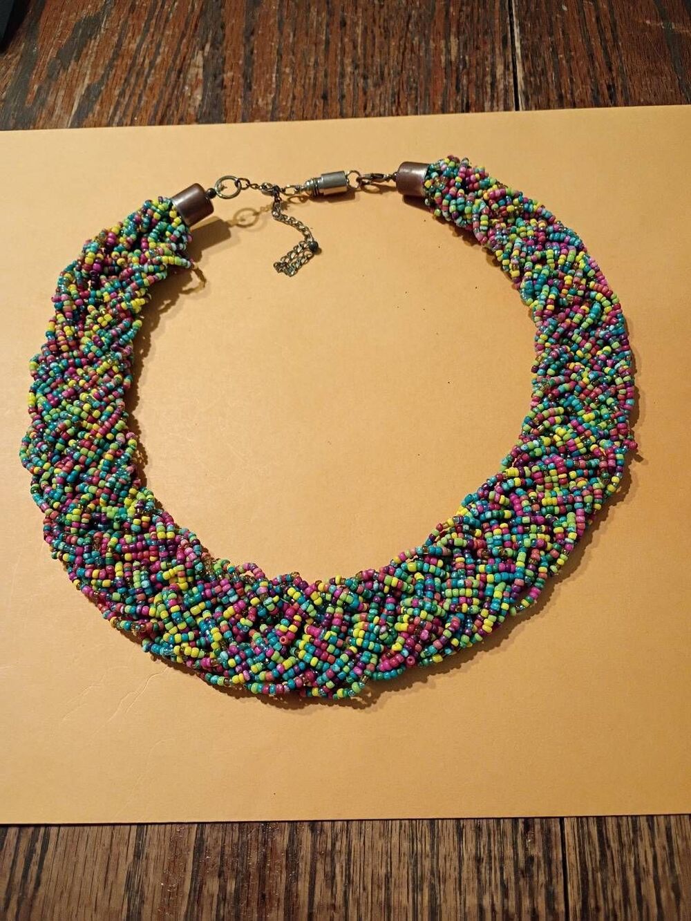 Vintage 80s Rainbow Seed Bead Bib Necklace Multi Strand Braided Statement Choker